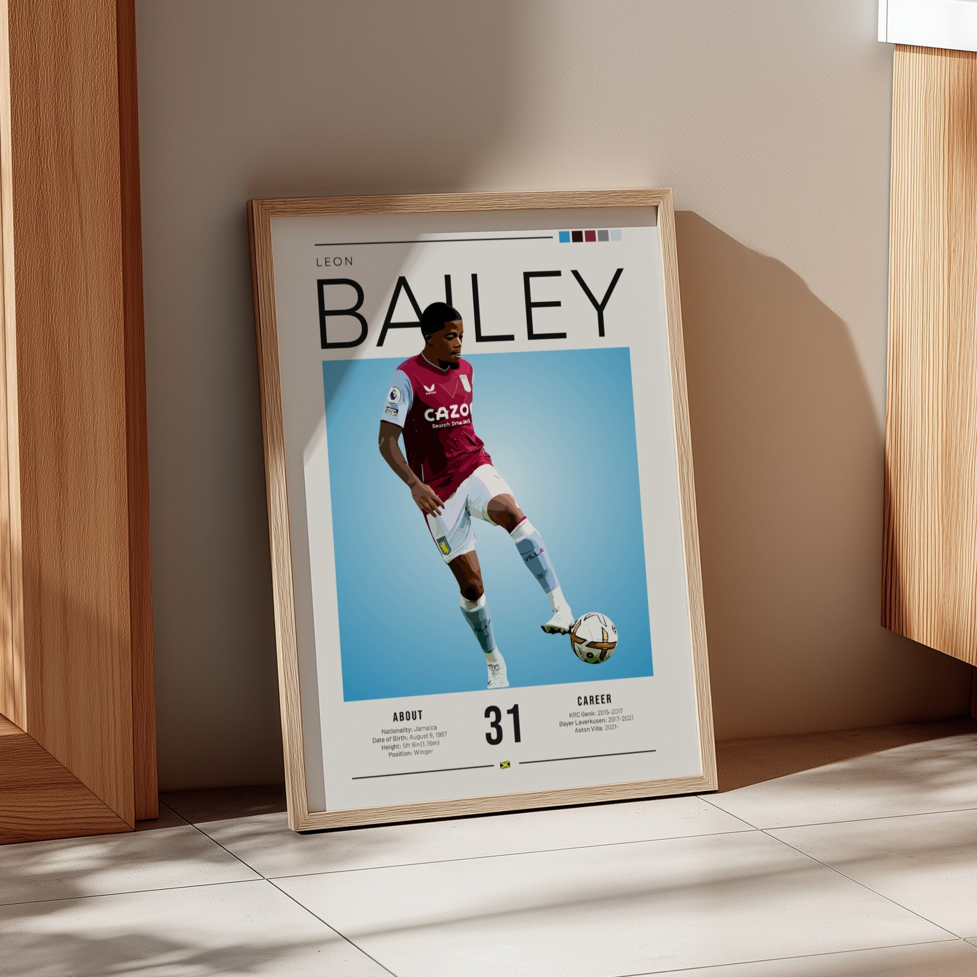 Leon Bailey football poster featuring Aston Villa shirt and vibrant blue background