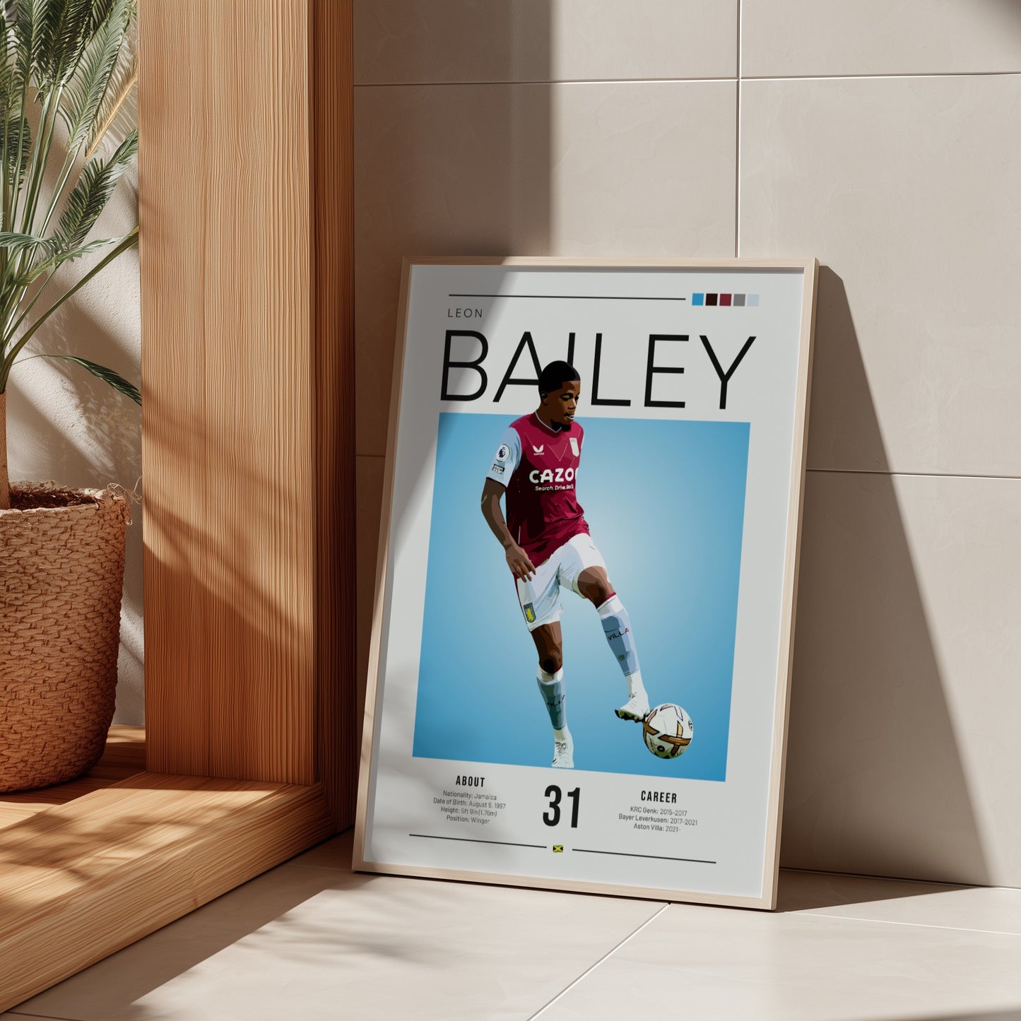 Leon Bailey football poster featuring Aston Villa shirt and vibrant blue background