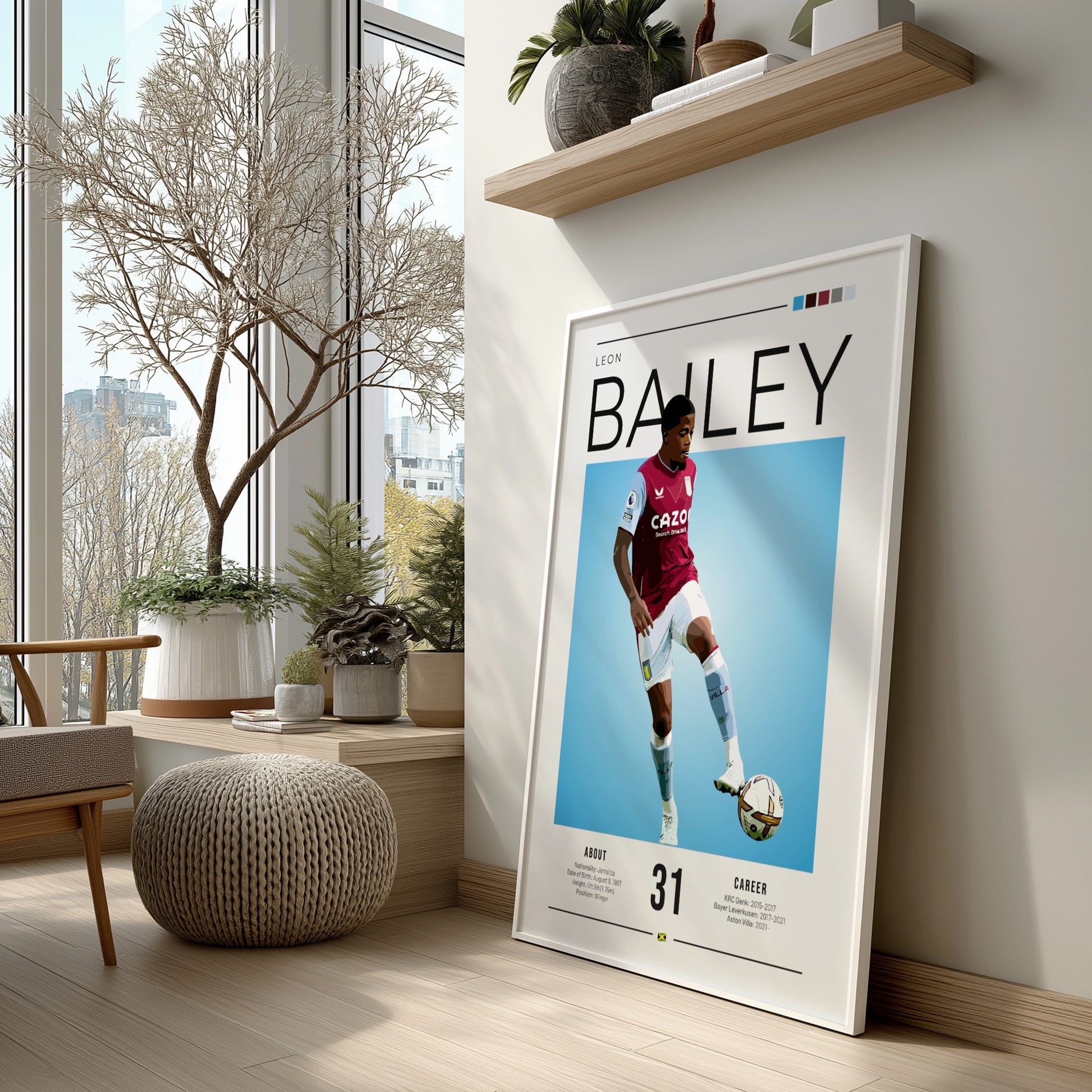 Leon Bailey football poster featuring Aston Villa shirt and vibrant blue background