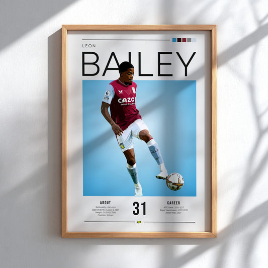 Leon Bailey football poster featuring Aston Villa shirt and vibrant blue background