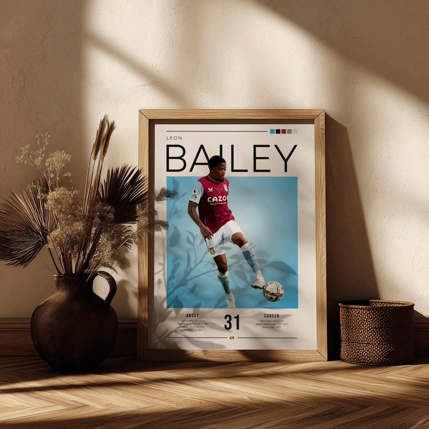 Leon Bailey football poster featuring Aston Villa shirt and vibrant blue background