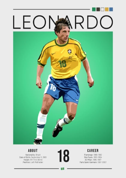 Graphic wall art of Leonardo in Brazil football jersey, vibrant colors, dynamic design
