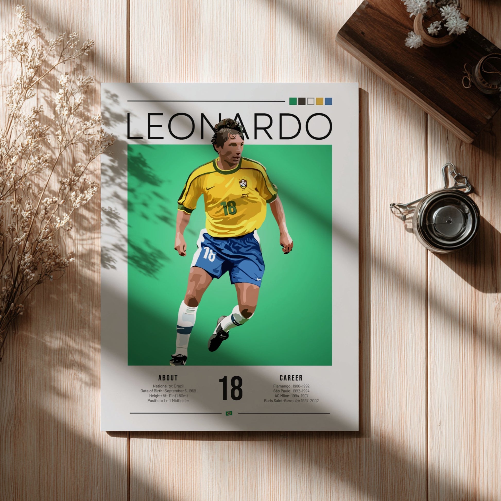 Graphic wall art of Leonardo in Brazil football jersey, vibrant colors, dynamic design
