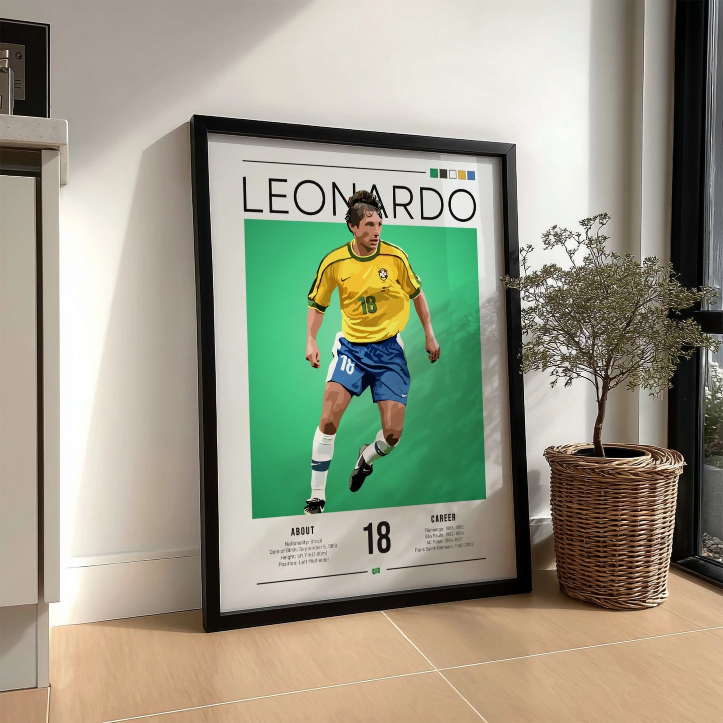 Graphic wall art of Leonardo in Brazil football jersey, vibrant colors, dynamic design