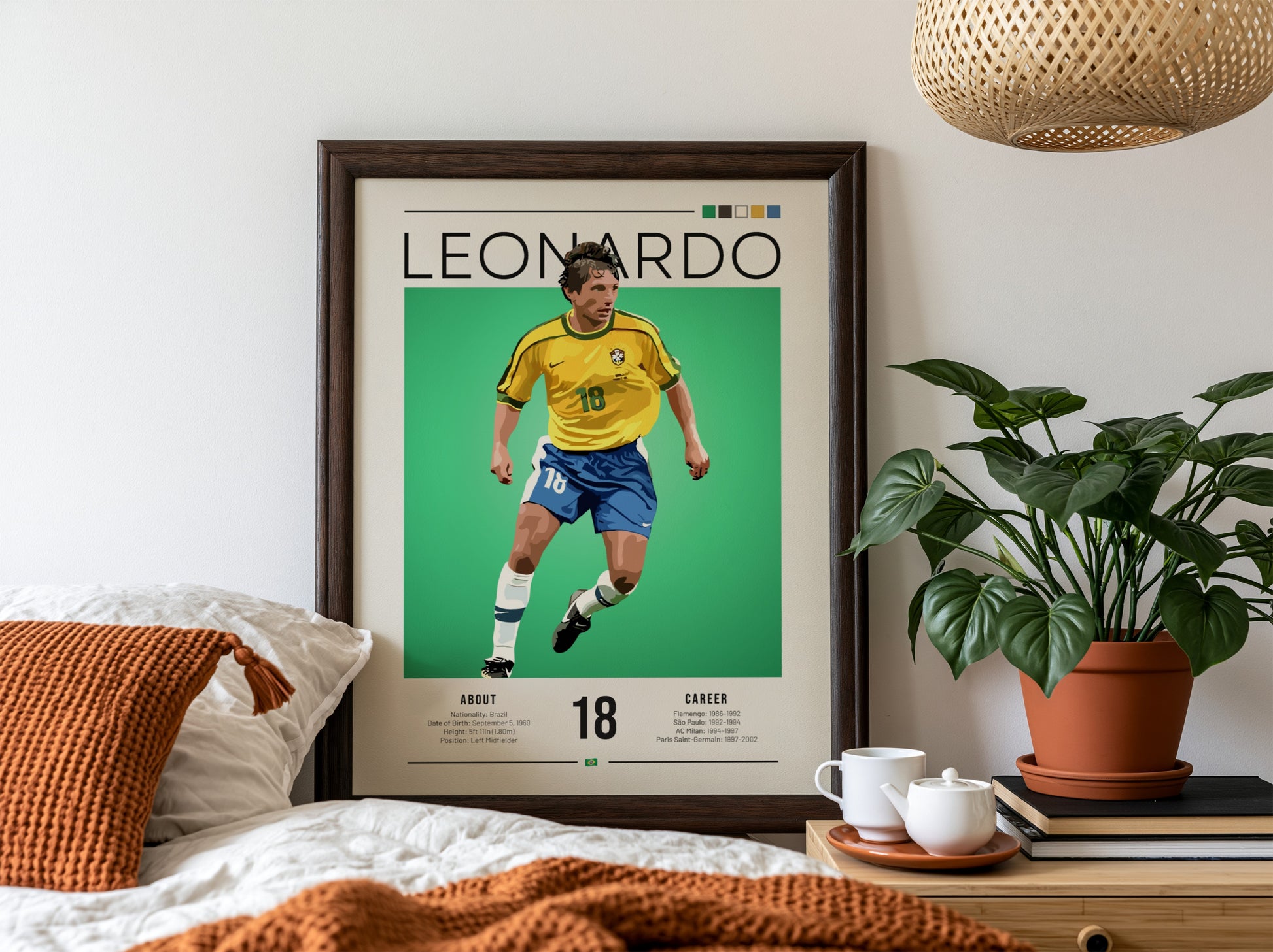Graphic wall art of Leonardo in Brazil football jersey, vibrant colors, dynamic design