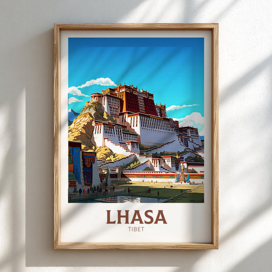 Framed poster of Lhasa, Tibet with a mountainous landscape.