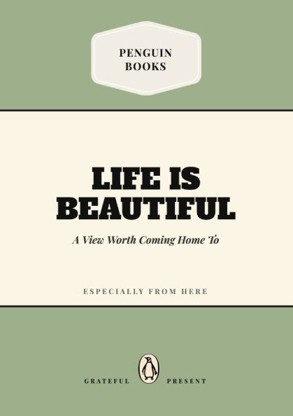 Funny quote poster featuring a penguins book illustration, colorful design, modern typography, and