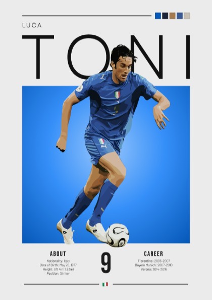 Luca Toni poster featuring vibrant colors and dynamic action, celebrating an Italian football legend.