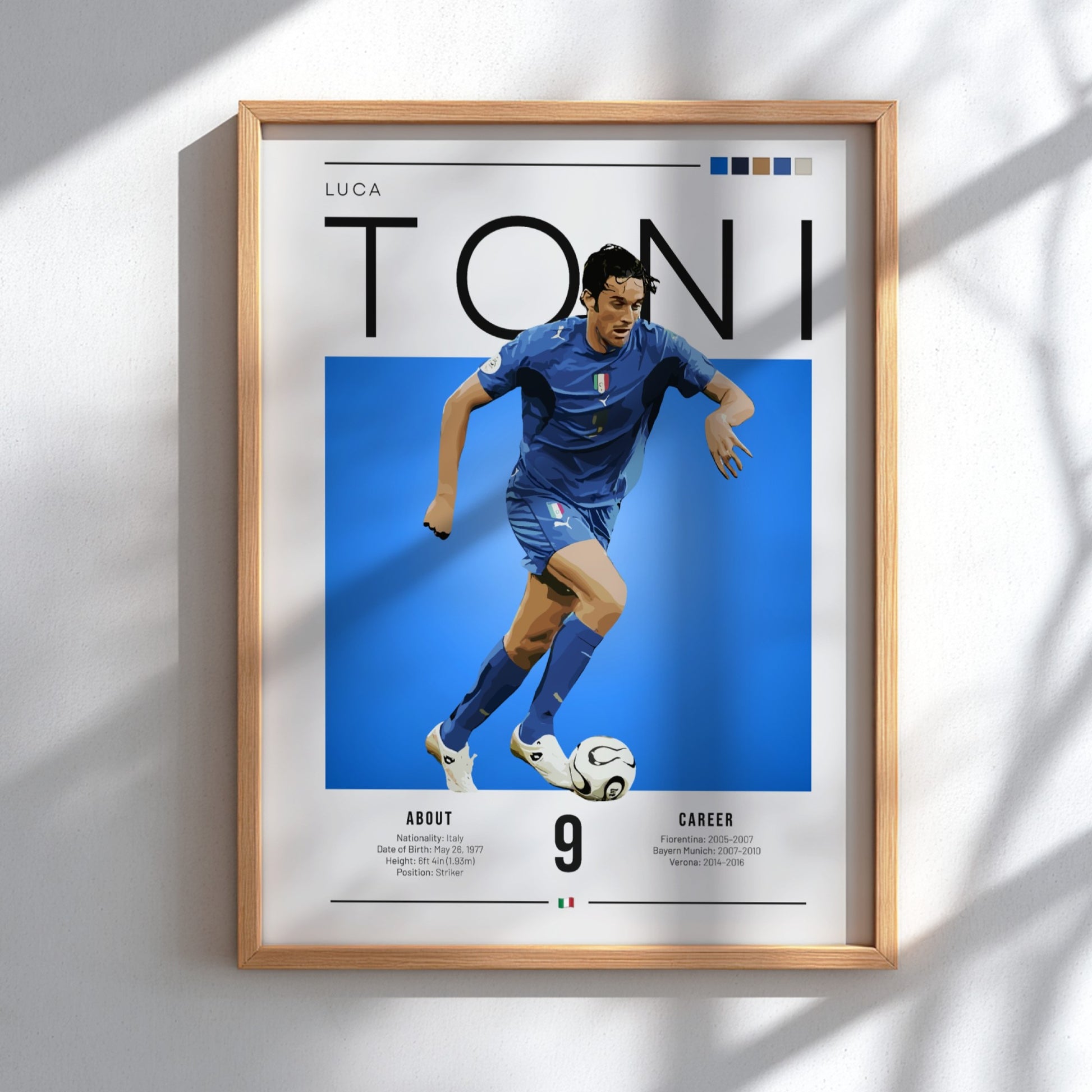 Luca Toni poster featuring vibrant colors and dynamic action, celebrating an Italian football legend.