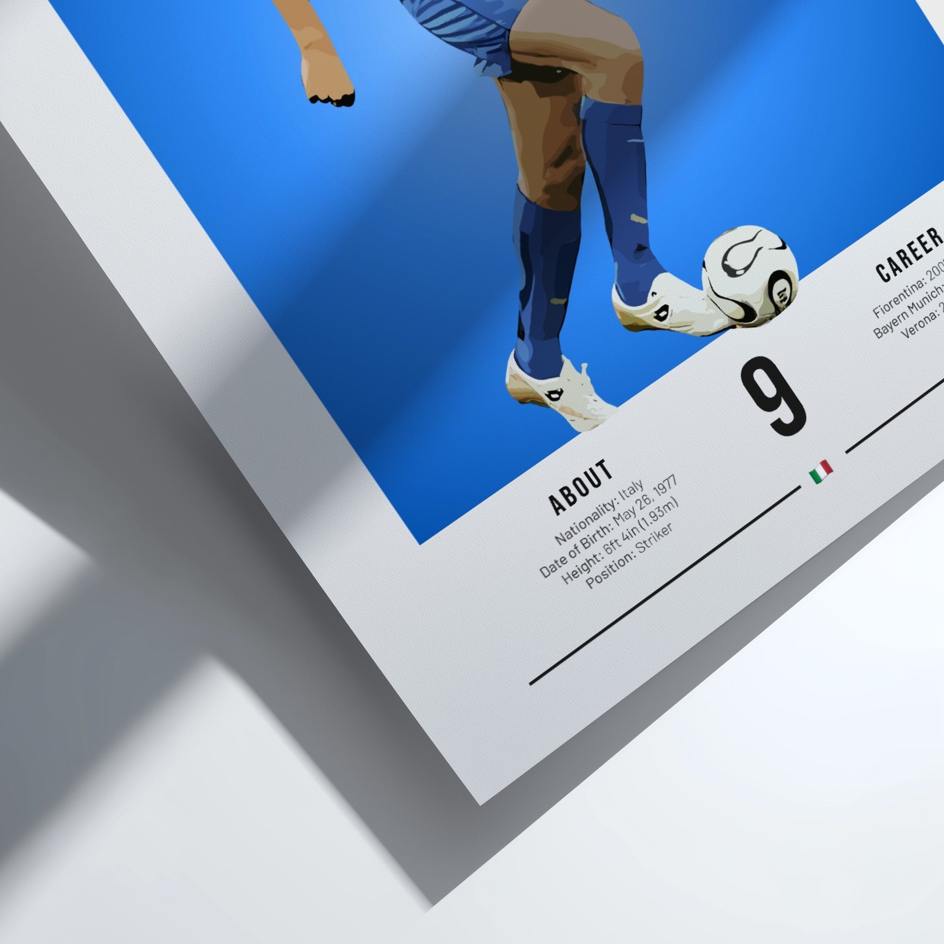 Luca Toni poster featuring vibrant colors and dynamic action, celebrating an Italian football legend.