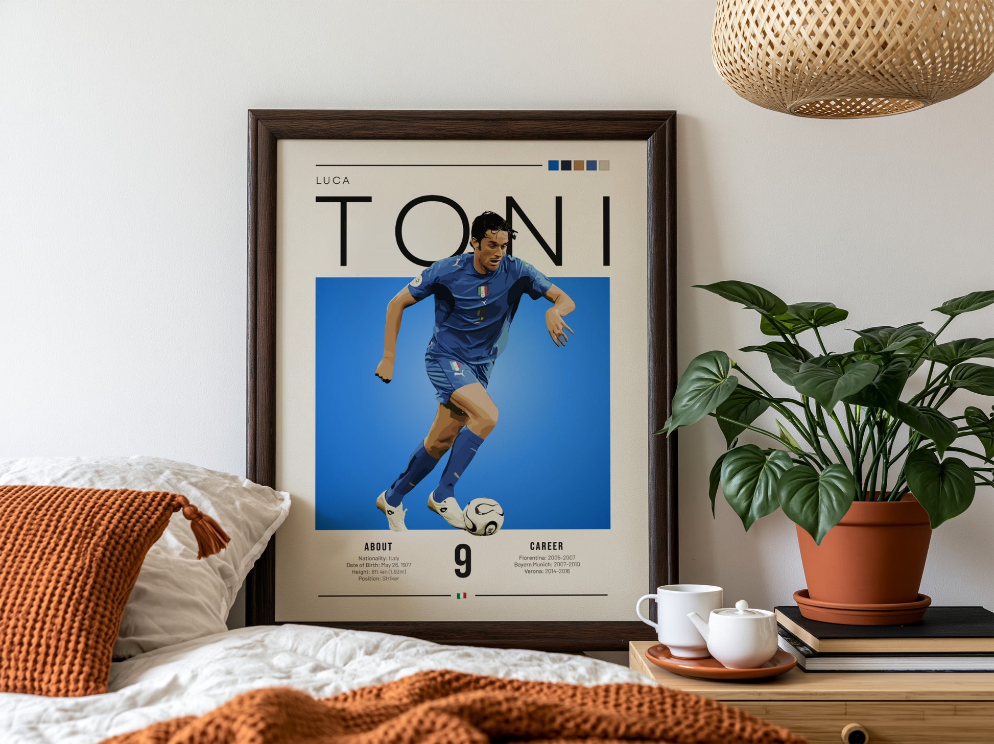 Luca Toni poster featuring vibrant colors and dynamic action, celebrating an Italian football legend.