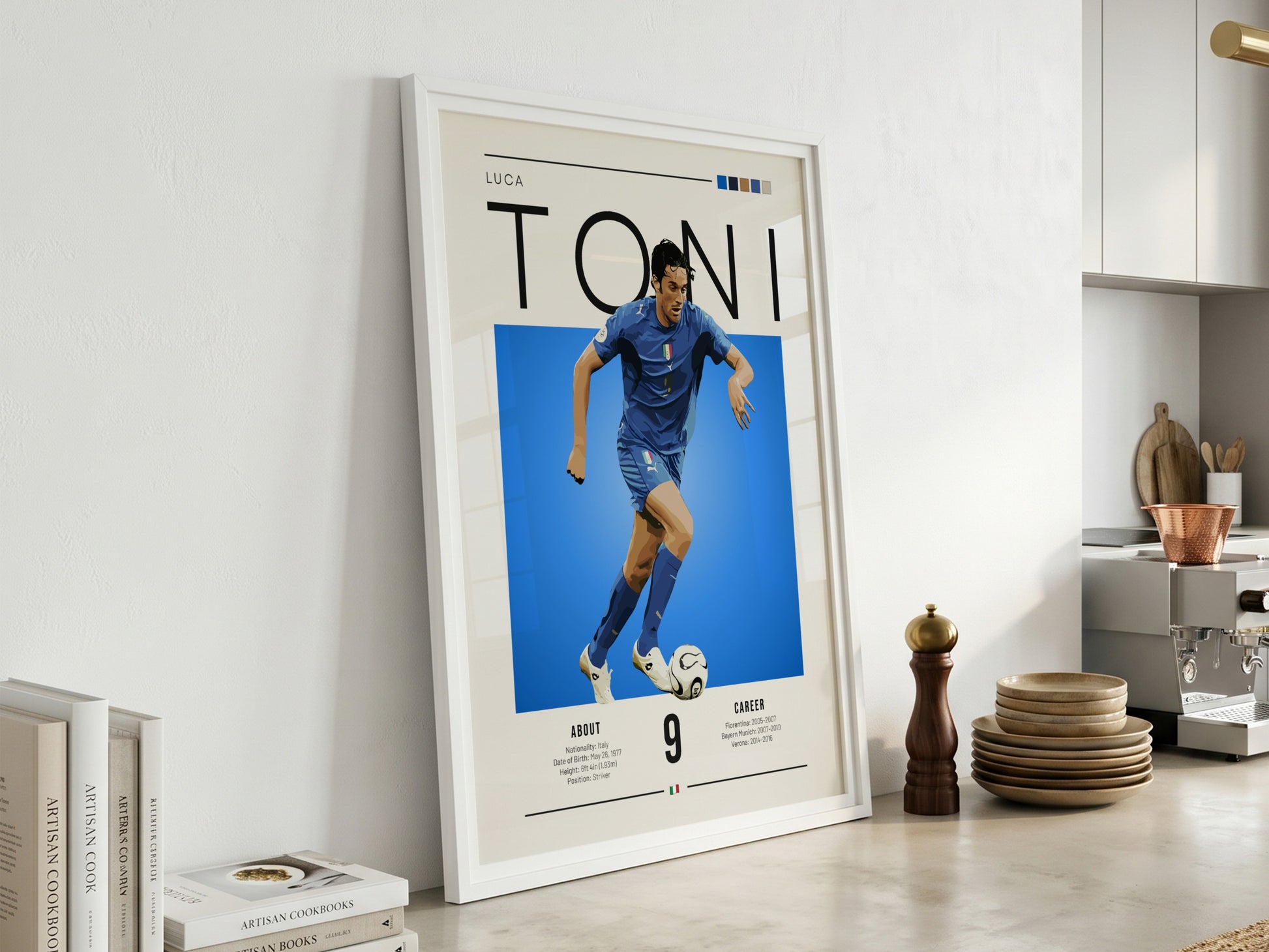 Luca Toni poster featuring vibrant colors and dynamic action, celebrating an Italian football legend.