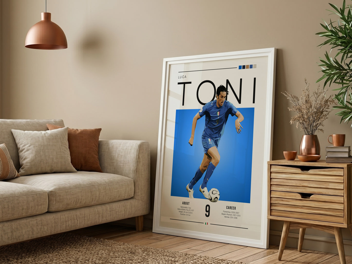 Luca Toni poster featuring vibrant colors and dynamic action, celebrating an Italian football legend.
