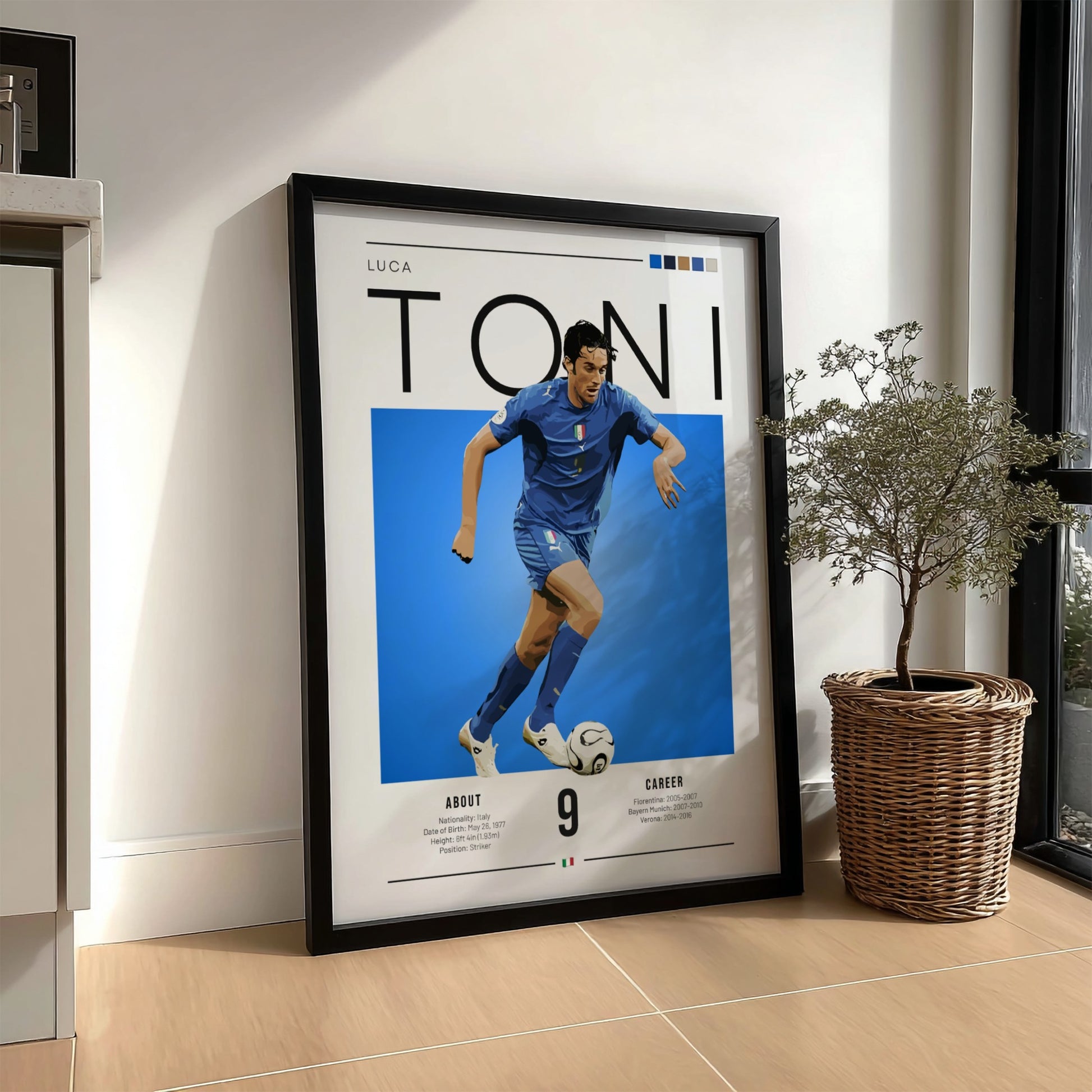 Luca Toni poster featuring vibrant colors and dynamic action, celebrating an Italian football legend.