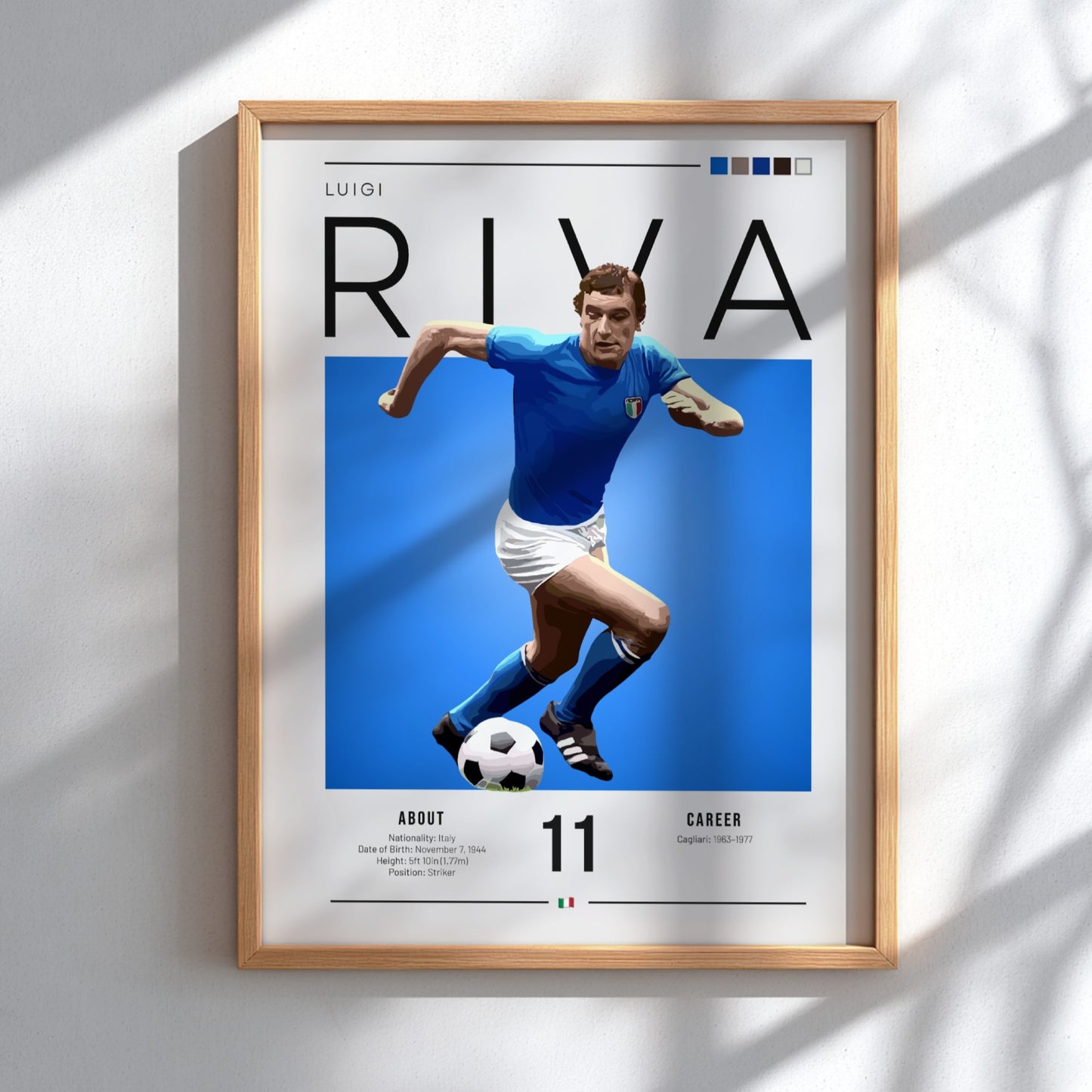 Luigi Riva poster featuring vibrant blue colors and dynamic football action, celebrating an Italian football