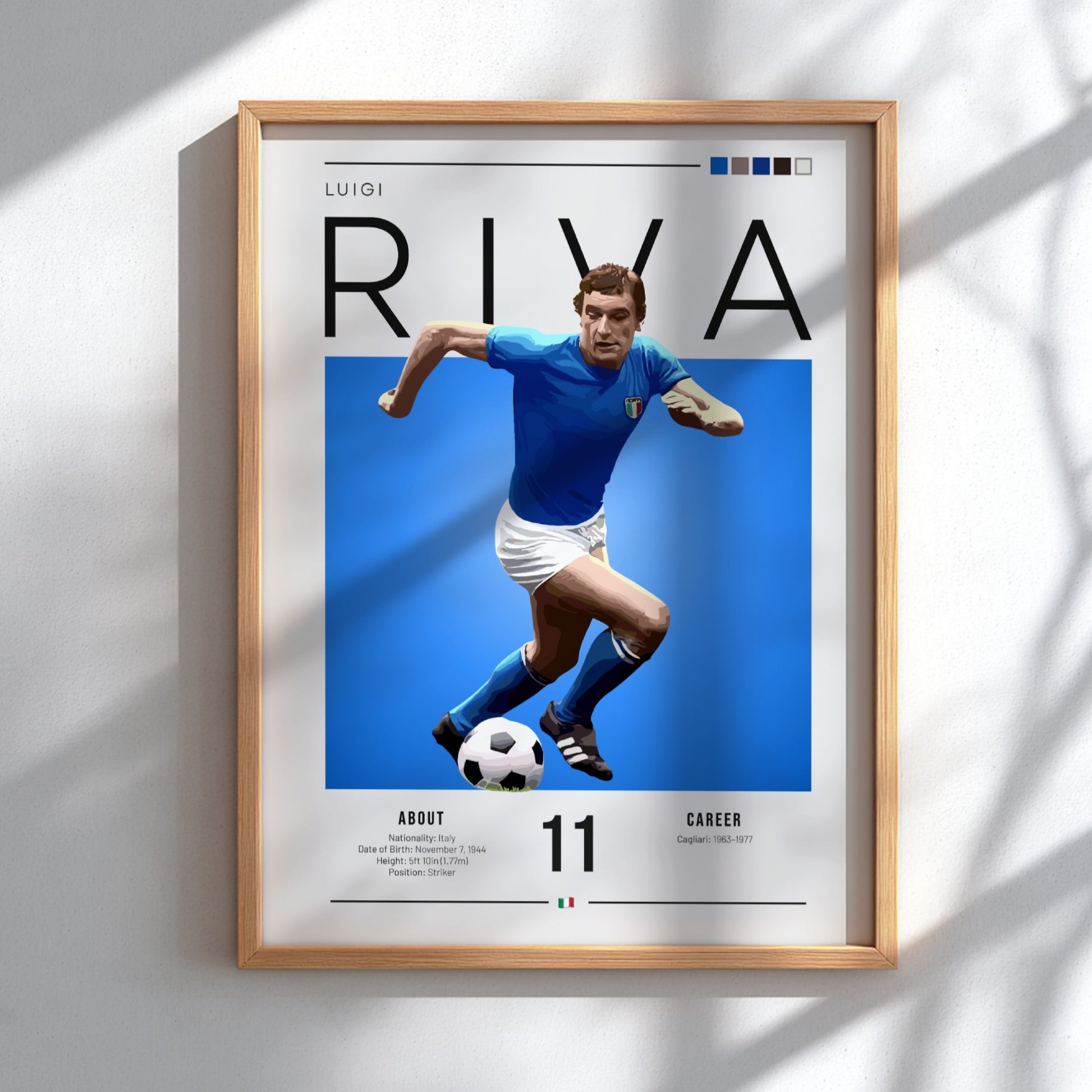 Luigi Riva poster featuring vibrant blue colors and dynamic football action, celebrating an Italian football