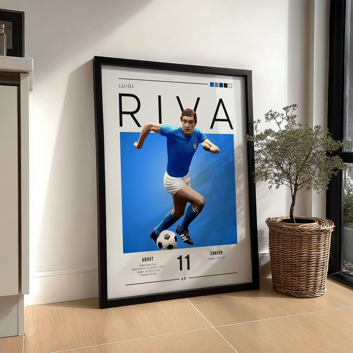 Luigi Riva poster featuring vibrant blue colors and dynamic football action, celebrating an Italian football