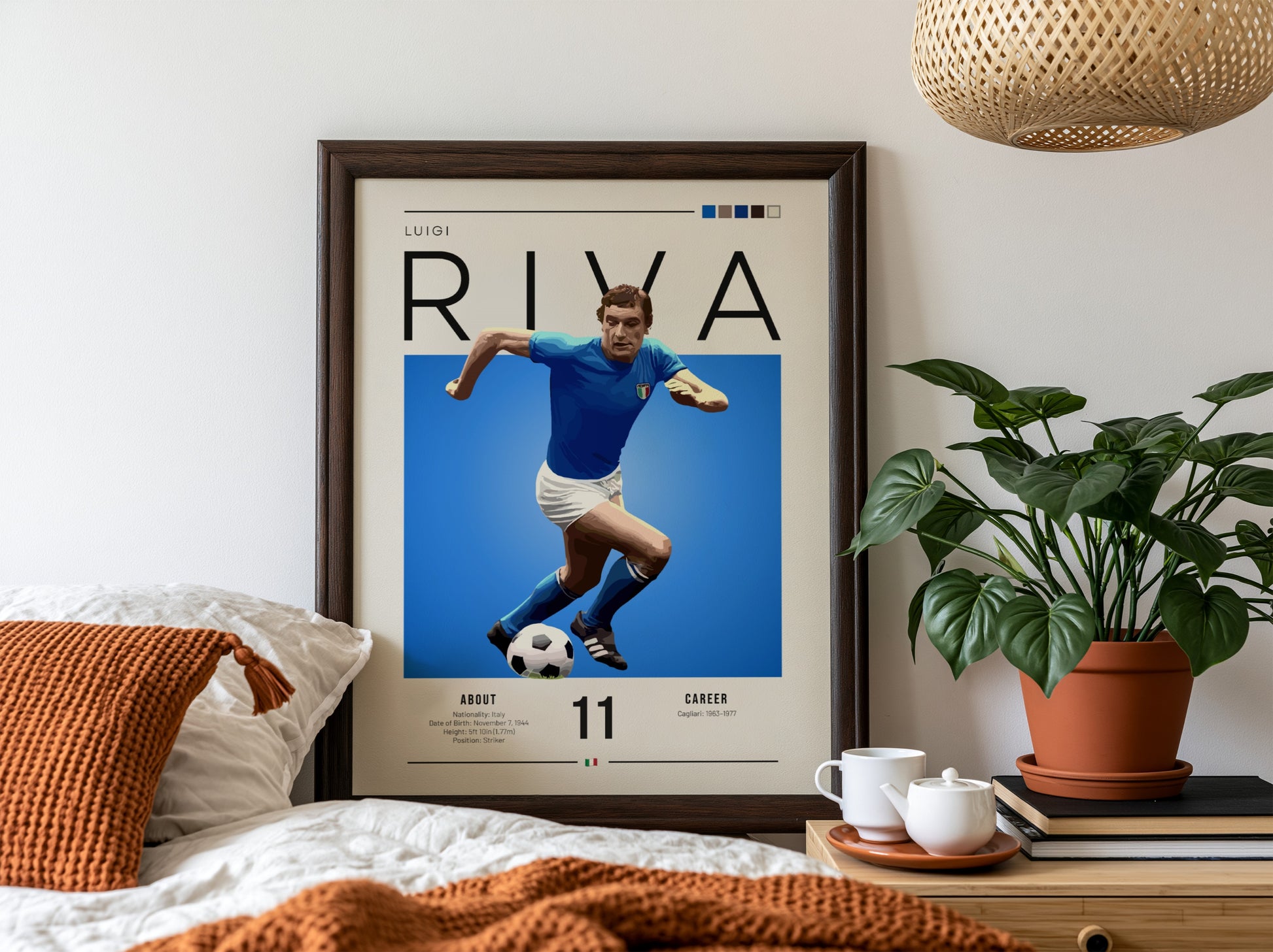 Luigi Riva poster featuring vibrant blue colors and dynamic football action, celebrating an Italian football