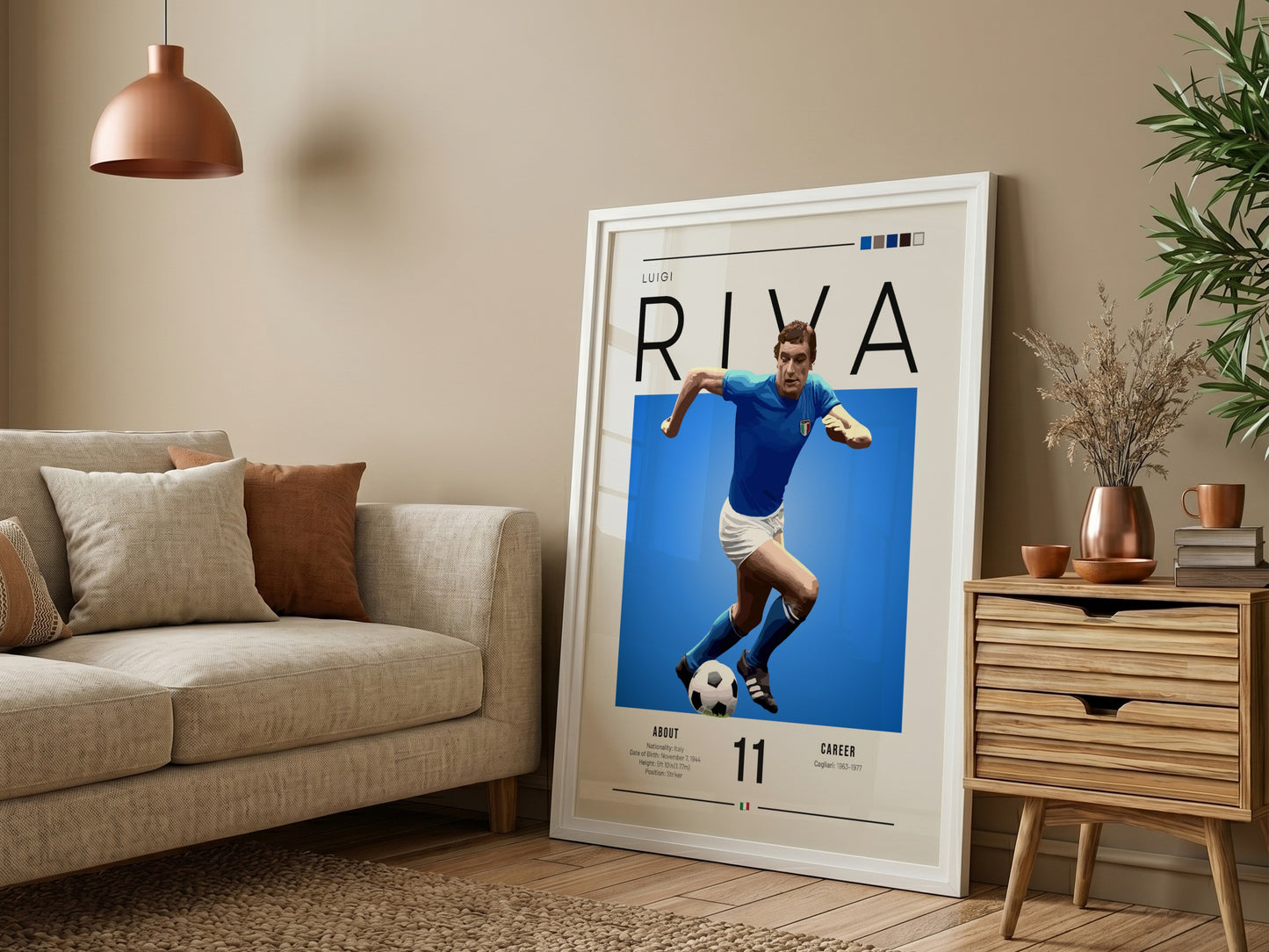 Luigi Riva poster featuring vibrant blue colors and dynamic football action, celebrating an Italian football