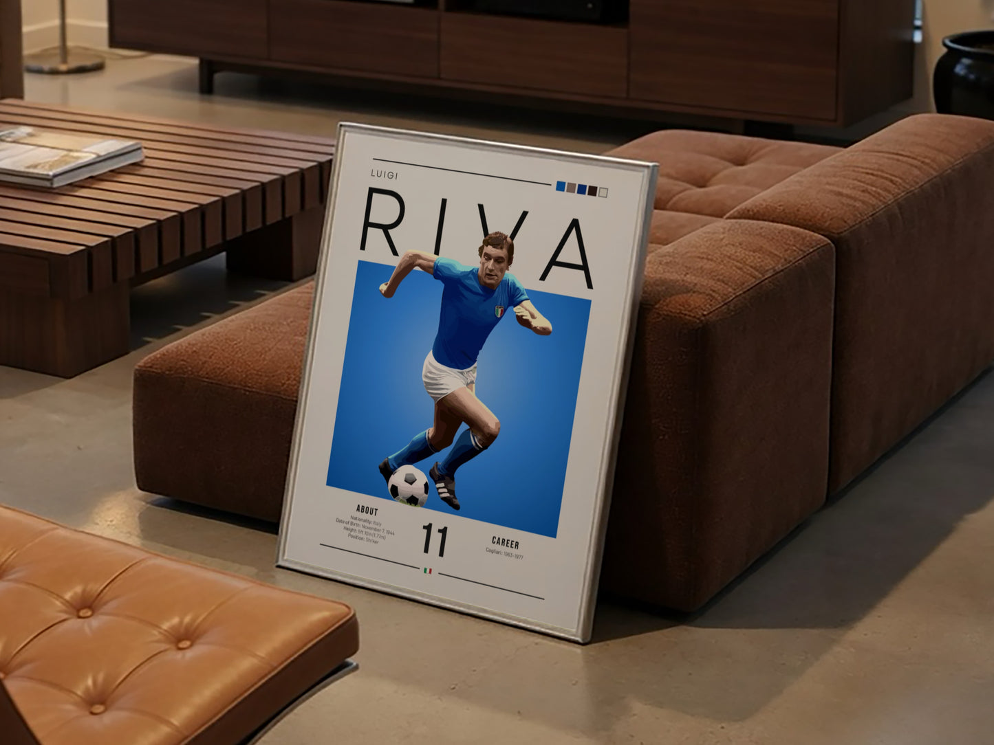 Luigi Riva poster featuring vibrant blue colors and dynamic football action, celebrating an Italian football