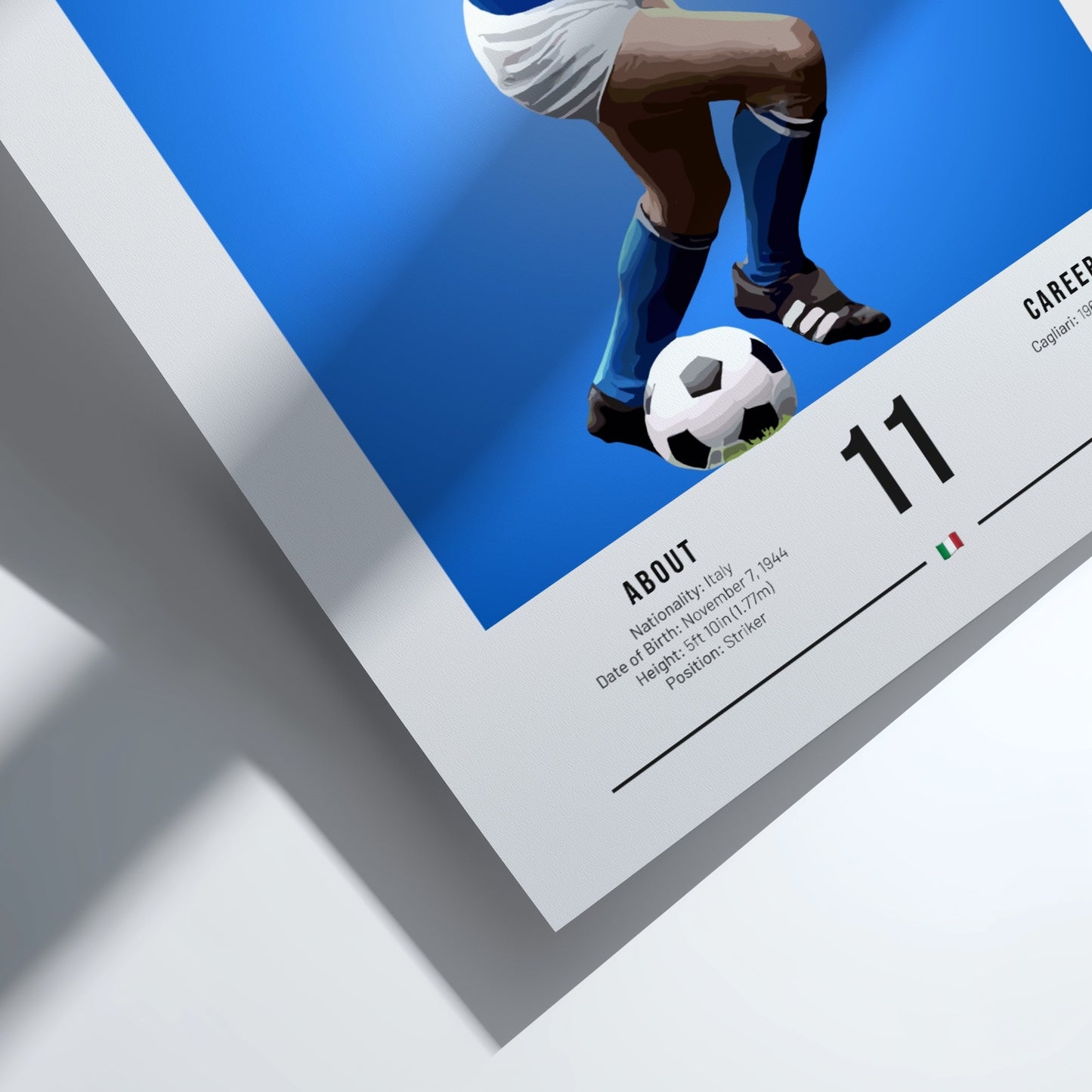 Luigi Riva poster featuring vibrant blue colors and dynamic football action, celebrating an Italian football