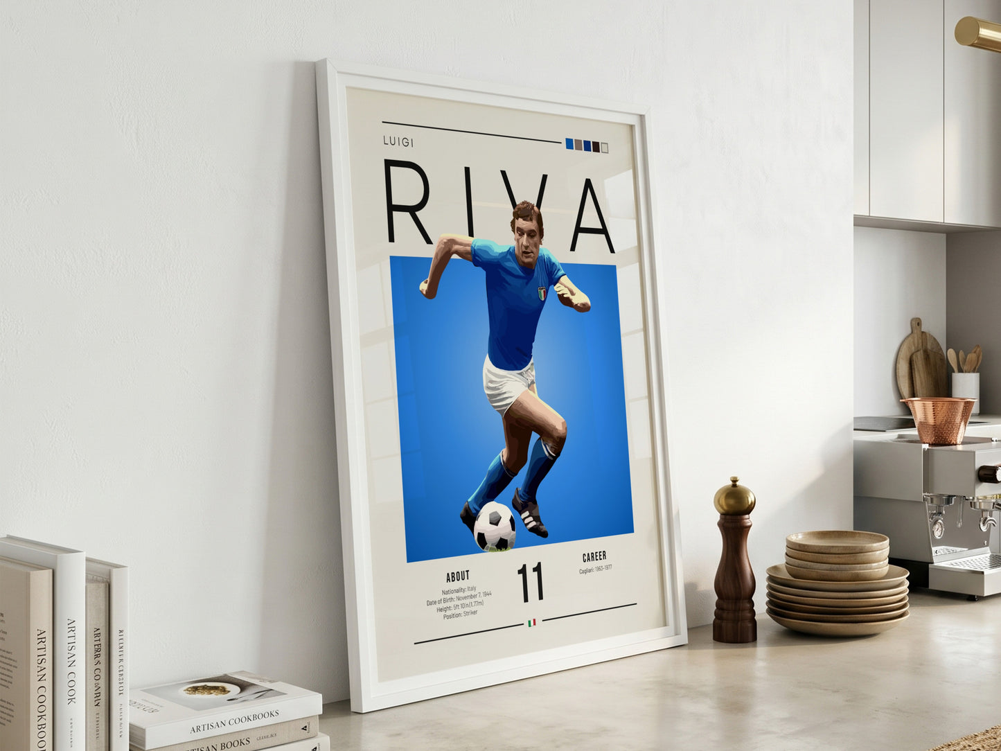 Luigi Riva poster featuring vibrant blue colors and dynamic football action, celebrating an Italian football