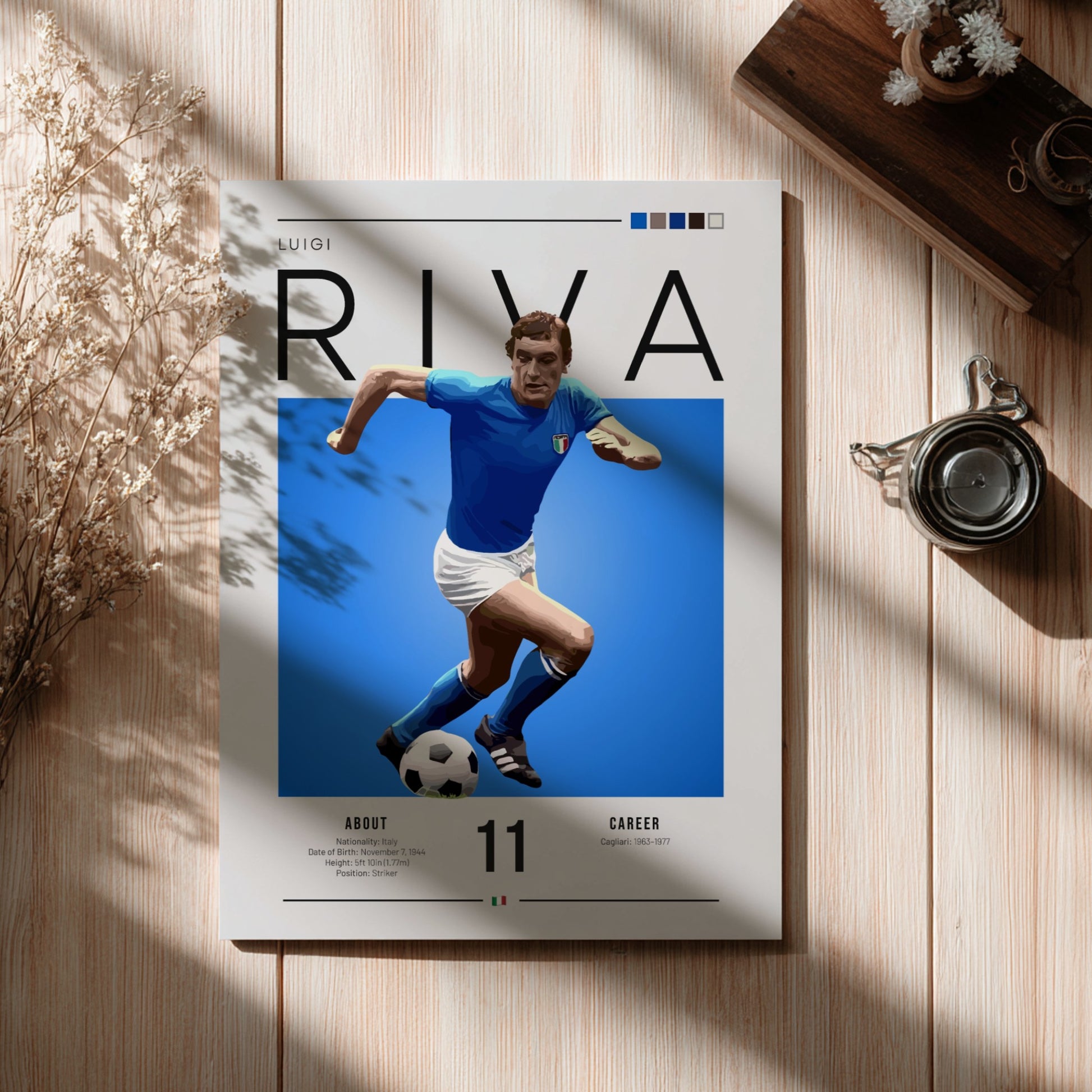 Luigi Riva poster featuring vibrant blue colors and dynamic football action, celebrating an Italian football