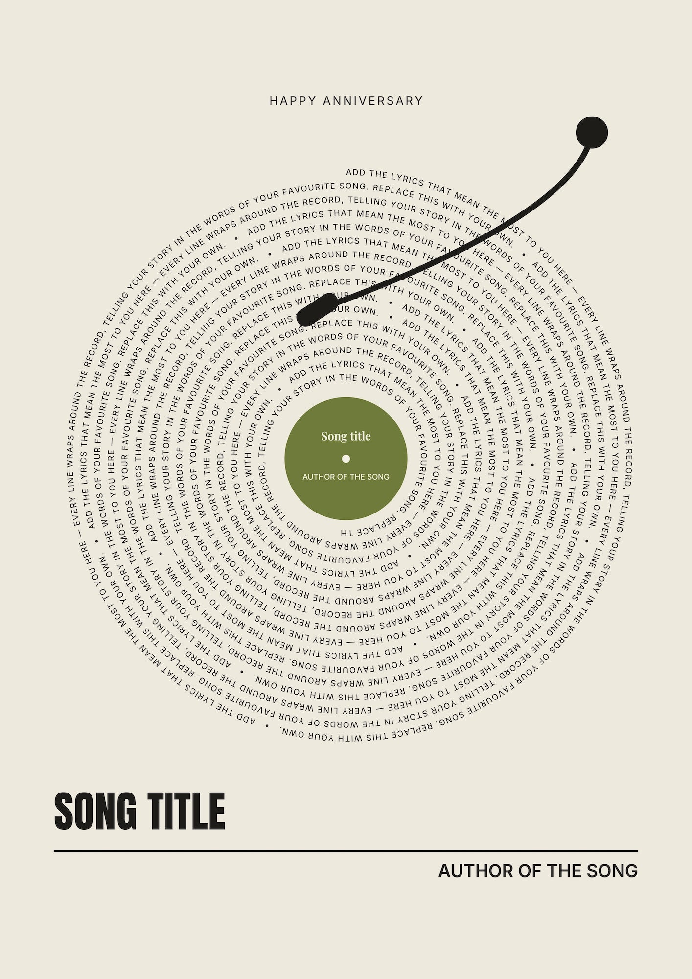 A minimalist anniversary poster design featuring a vinyl record graphic on a warm beige background. The record is olive green in the center with black text, and a black stylus points to it.