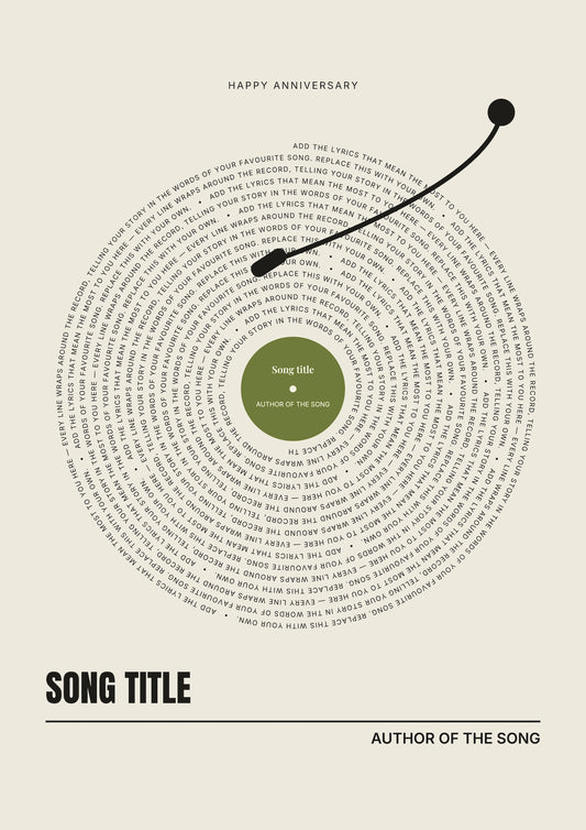 A minimalist anniversary poster design featuring a vinyl record graphic on a warm beige background. The record is olive green in the center with black text, and a black stylus points to it.