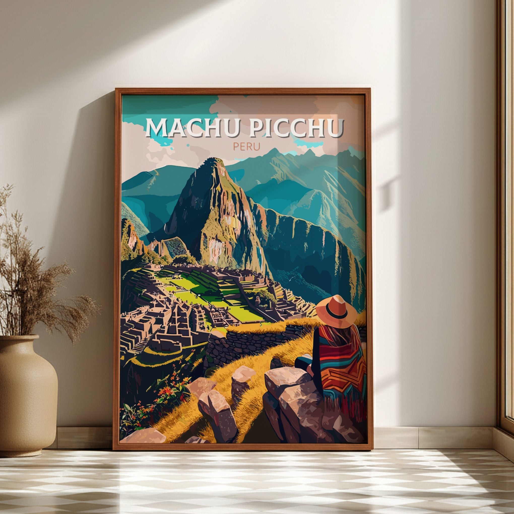South America MACHU PICCHU ART POSTER - RETRO INCAN DESIGN