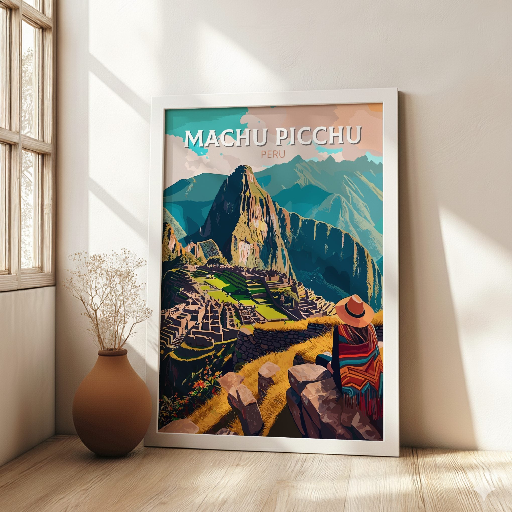 South America MACHU PICCHU ART POSTER - RETRO INCAN DESIGN