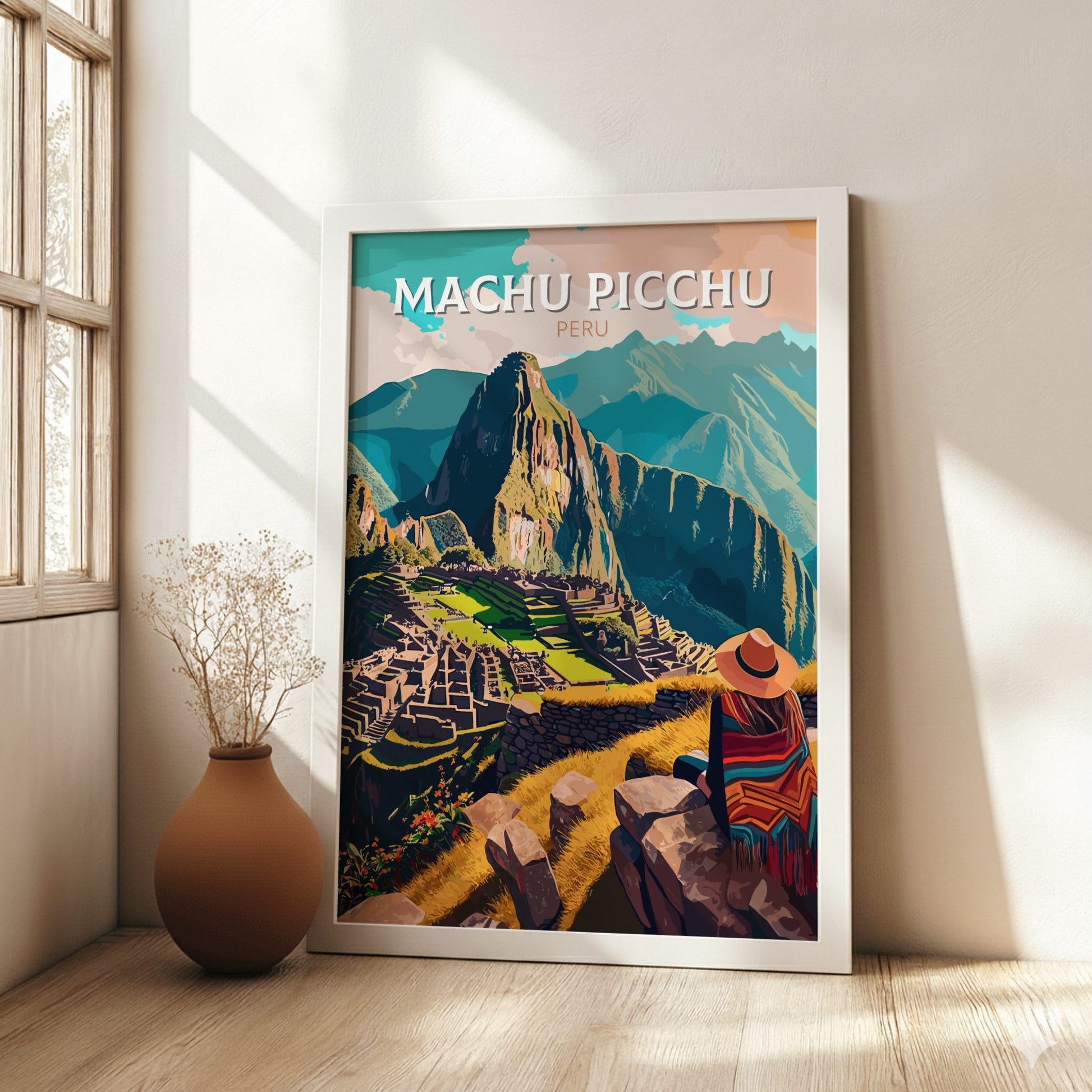 Machu Picchu Travel Poster on a white wooden frame