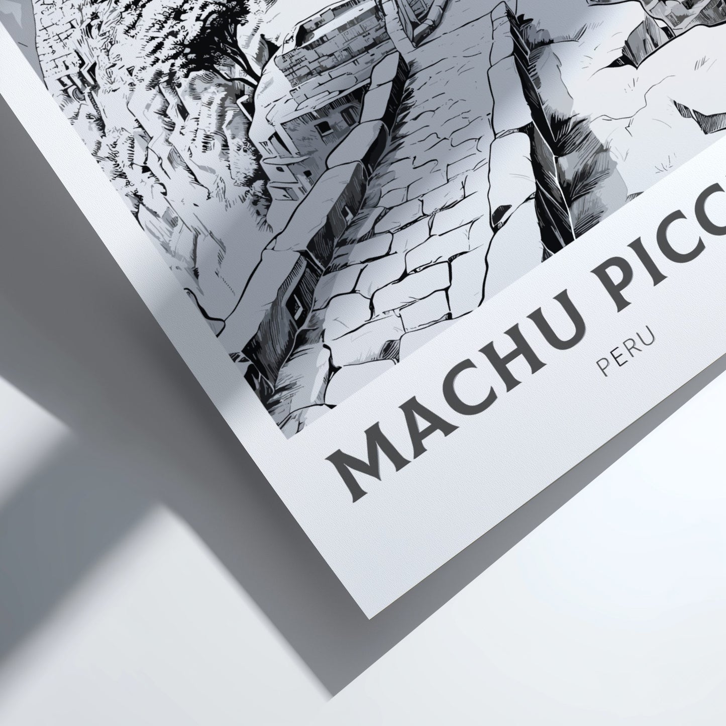 Framed artwork of Machu Picchu with 'Machu Picchu Peru' text
