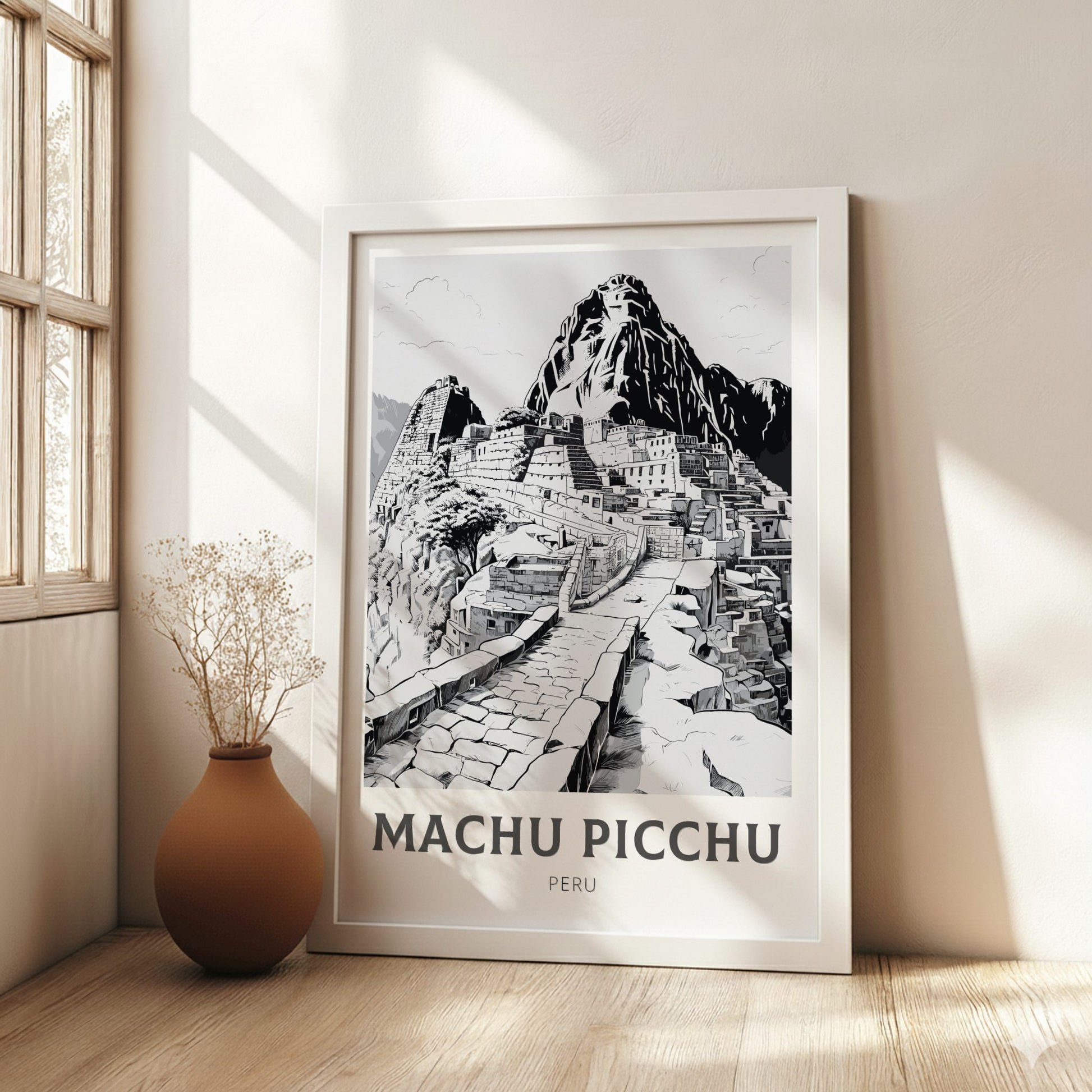 Framed artwork of Machu Picchu in a modern interior setting
