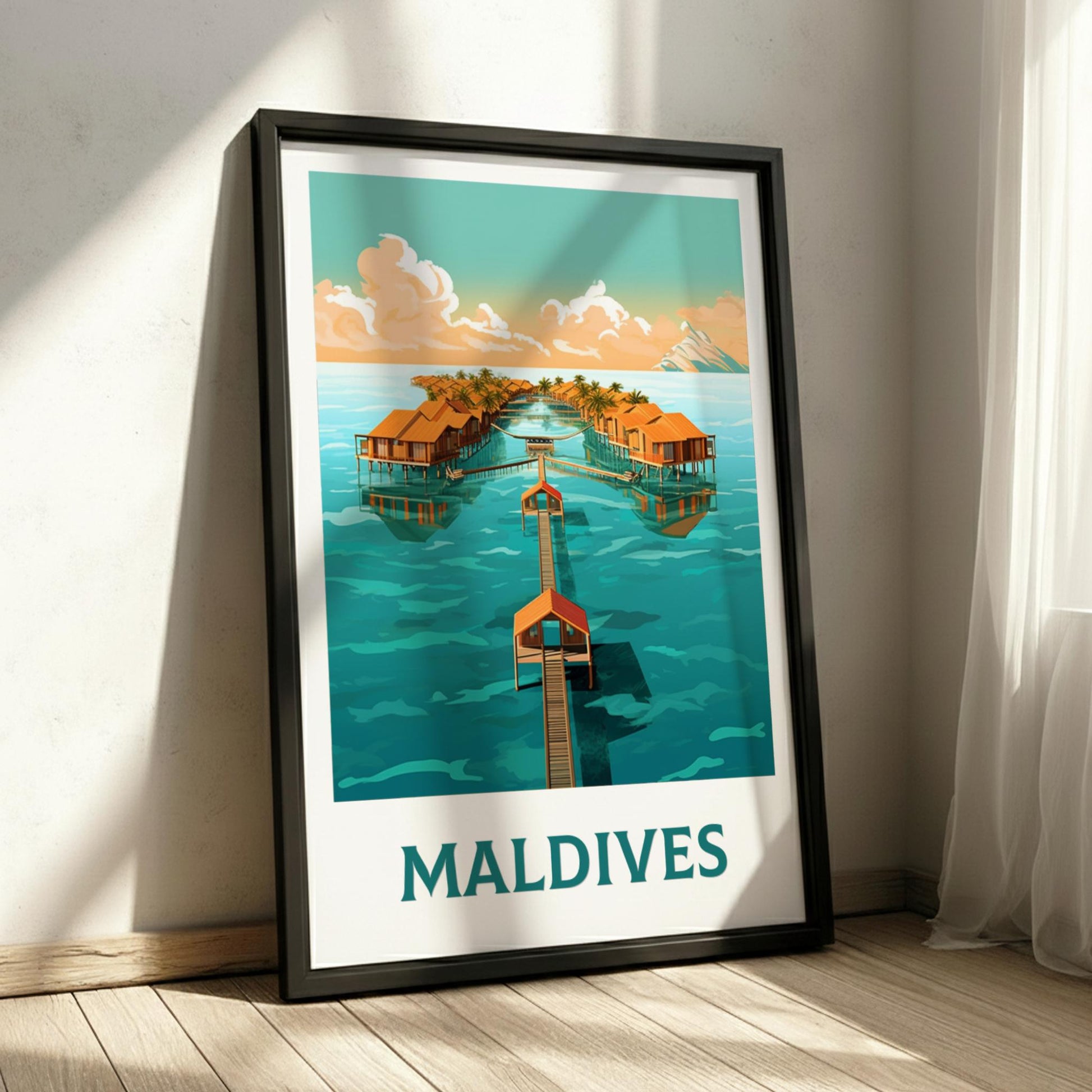 Framed poster of the Maldives with water bungalows and clear blue water.