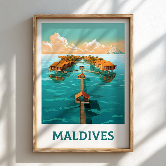 Framed poster of Maldives with water bungalows and a wooden dock.