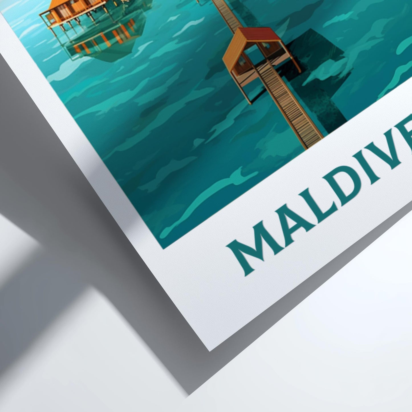 Poster of Maldives with a hut on stilts and a boat in the water.