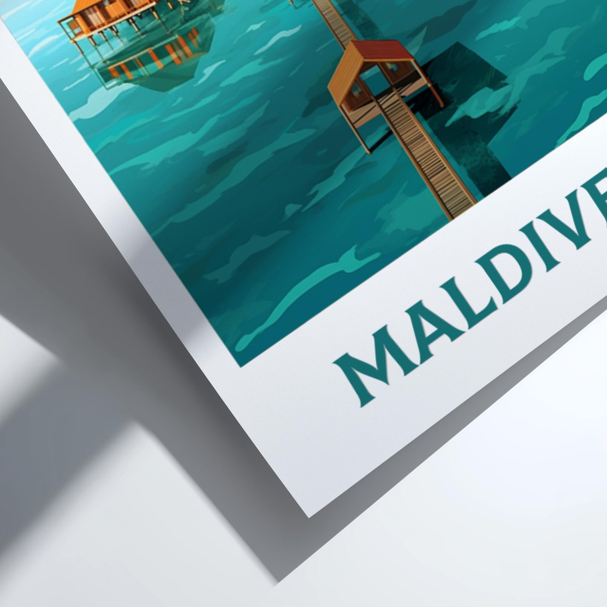 Poster of Maldives with a hut on stilts and a boat in the water.