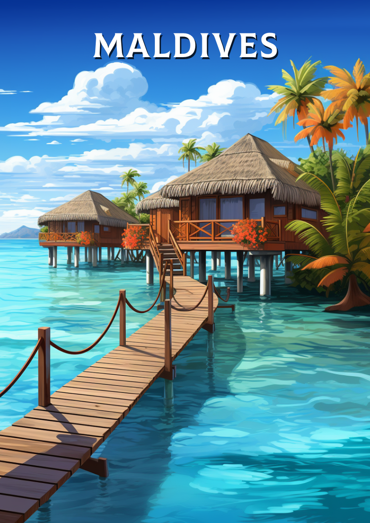 Asian MALDIVES RETRO POSTER - ISLAND ART