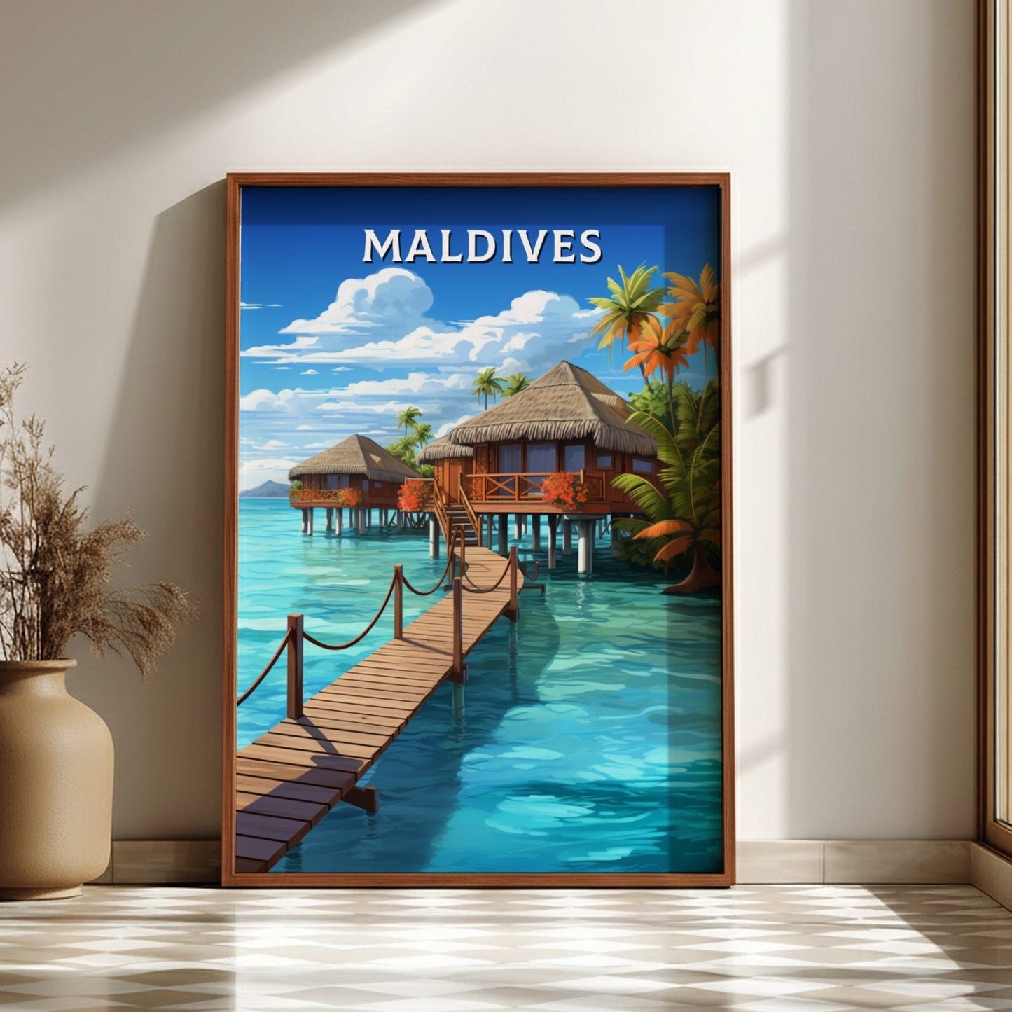 Framed artwork of Maldives with overwater bungalows and a wooden dock.