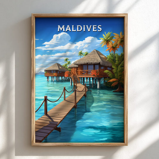 Framed artwork of Maldives with overwater bungalows and a wooden dock.