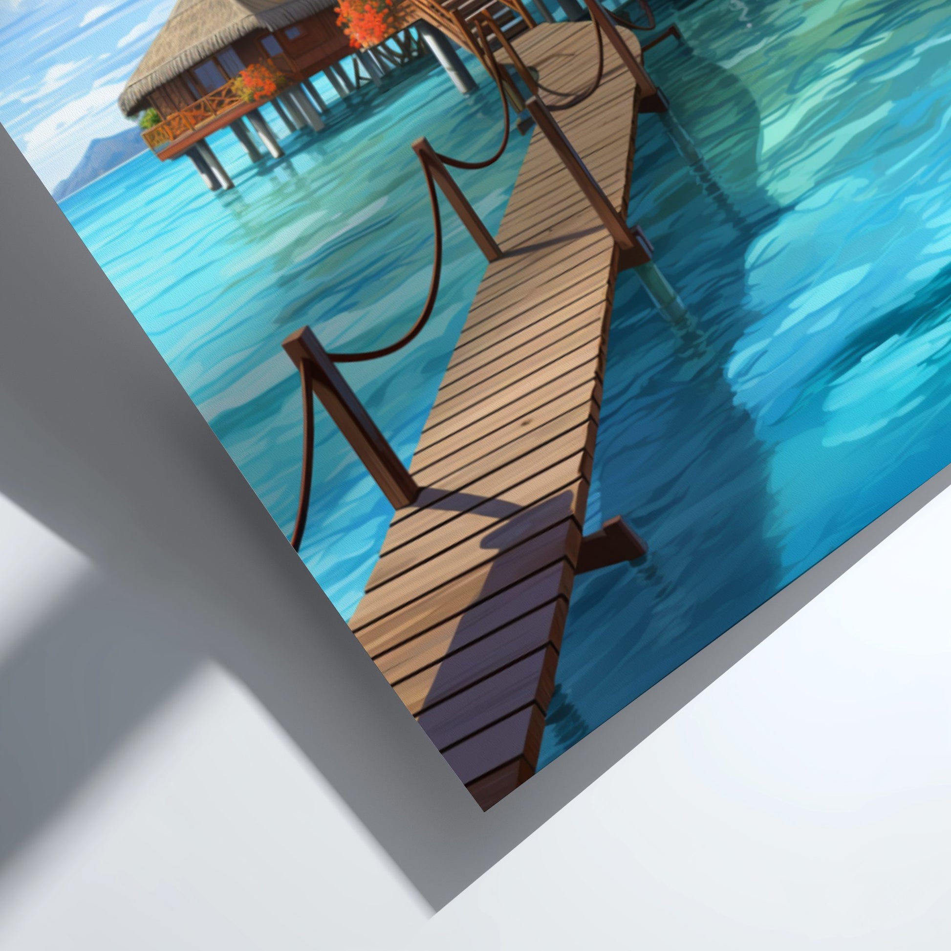 Wooden dock extending into a blue ocean with a hut in the background.