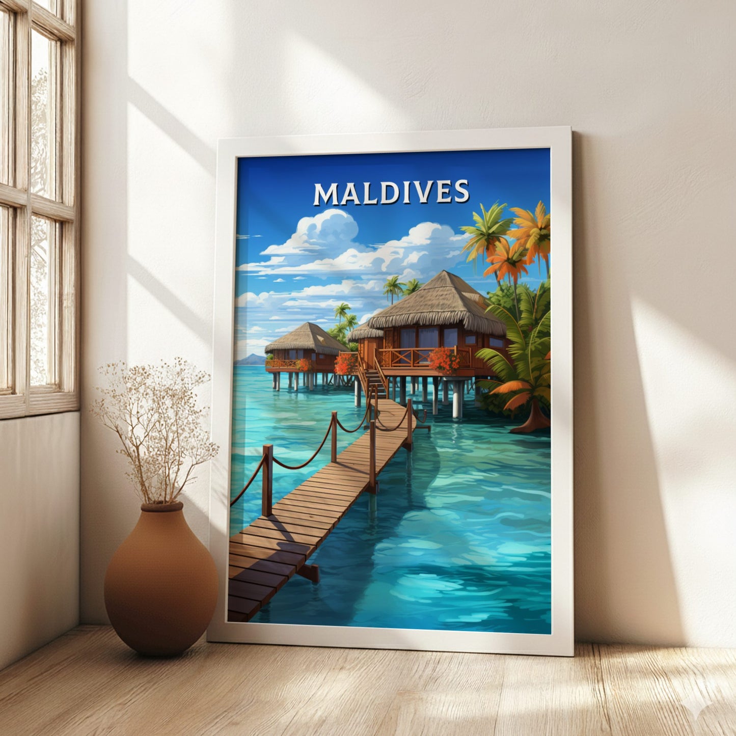 Framed artwork of the Maldives with overwater bungalows and a wooden dock.