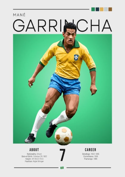 Football art featuring Mané Garrincha in yellow and blue jersey against green background, vintage sports decor
