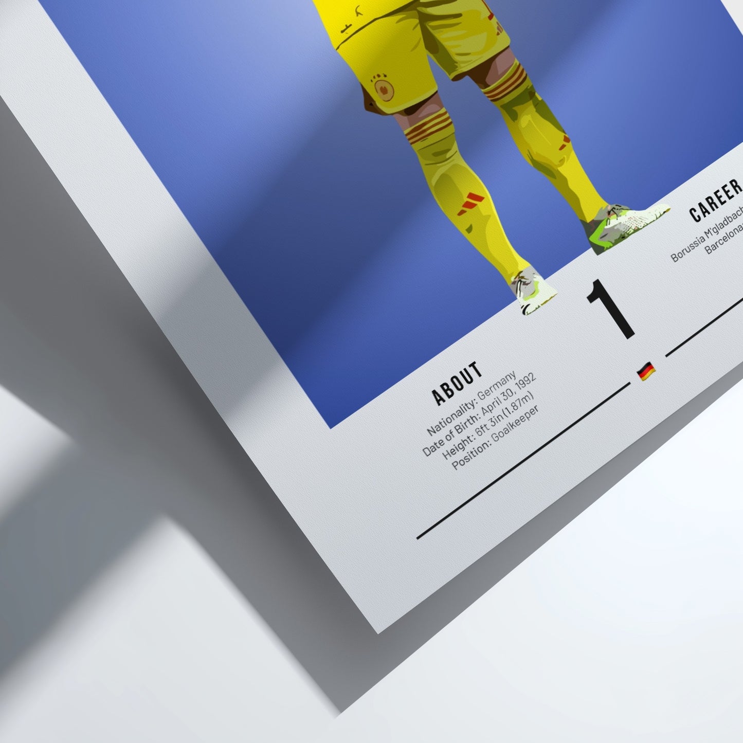 Marc-André Ter Stegen poster featuring vibrant colors and dynamic goalkeeper pose, perfect for sports decor.