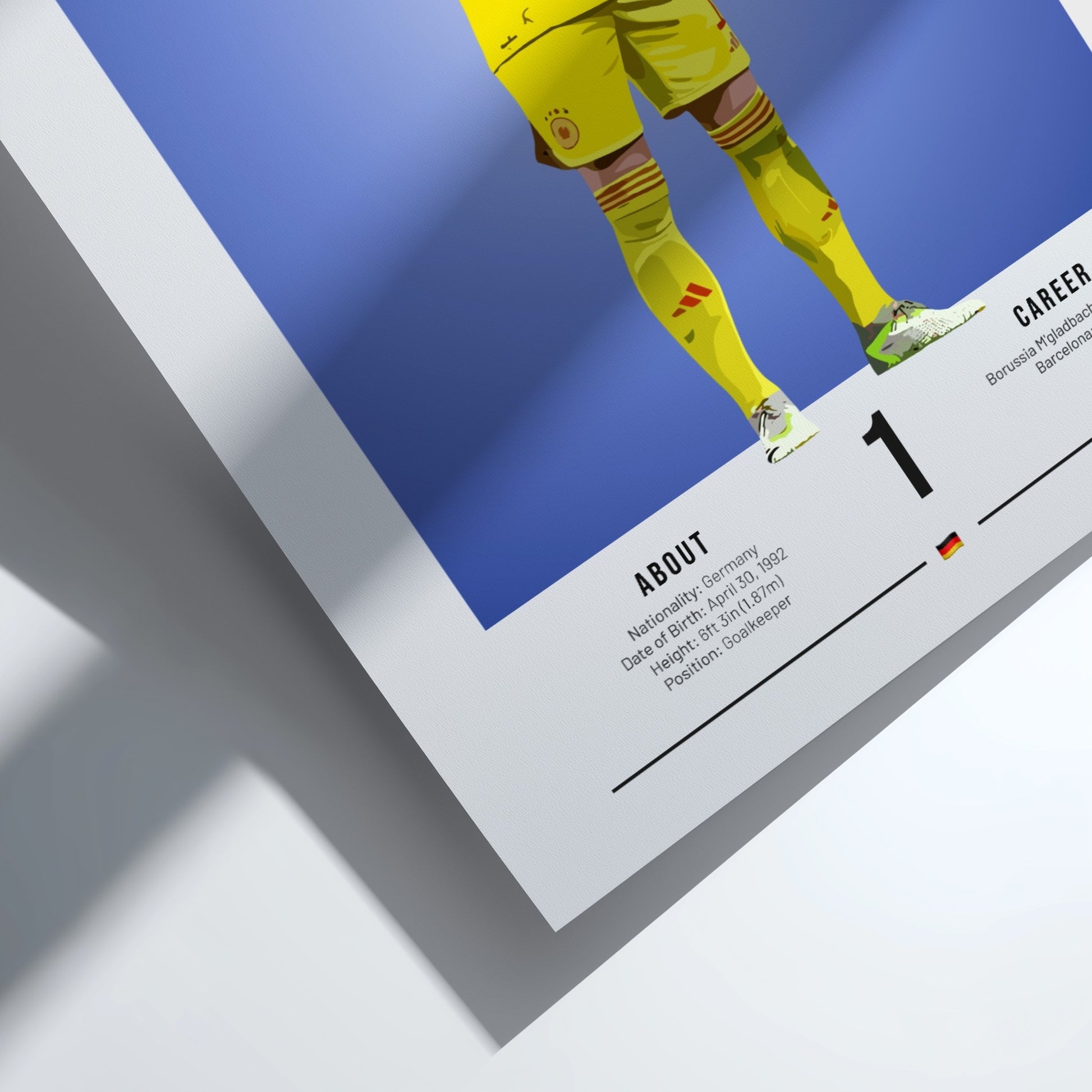 Marc-André Ter Stegen poster featuring vibrant colors and dynamic goalkeeper pose, perfect for sports decor.