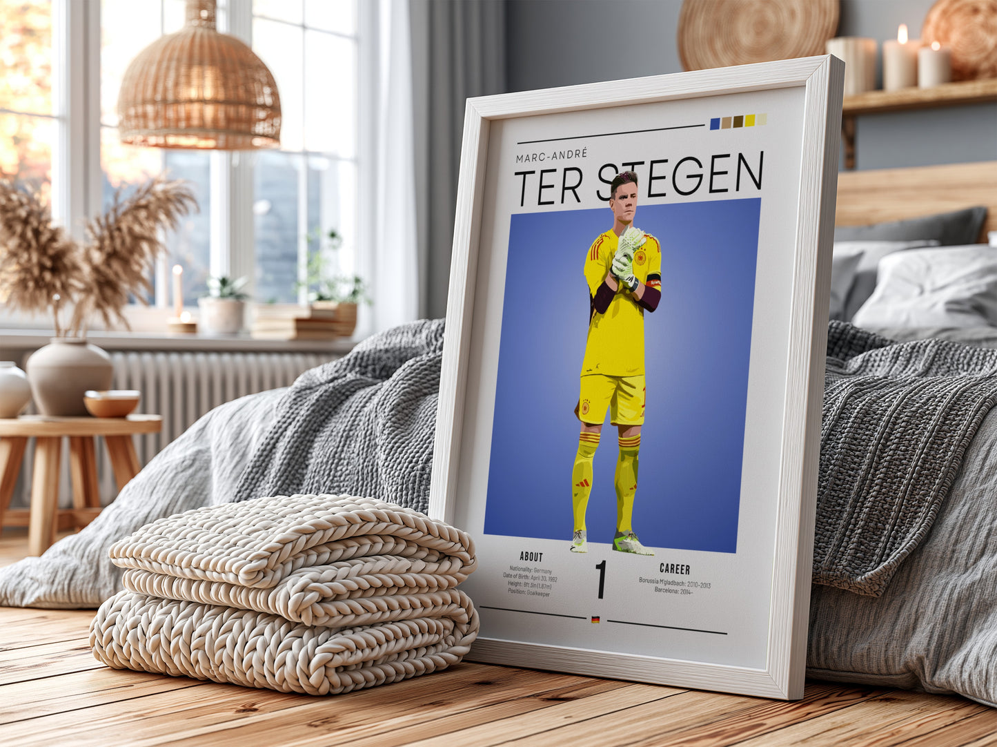 Marc-André Ter Stegen poster featuring vibrant colors and dynamic goalkeeper pose, perfect for sports decor.