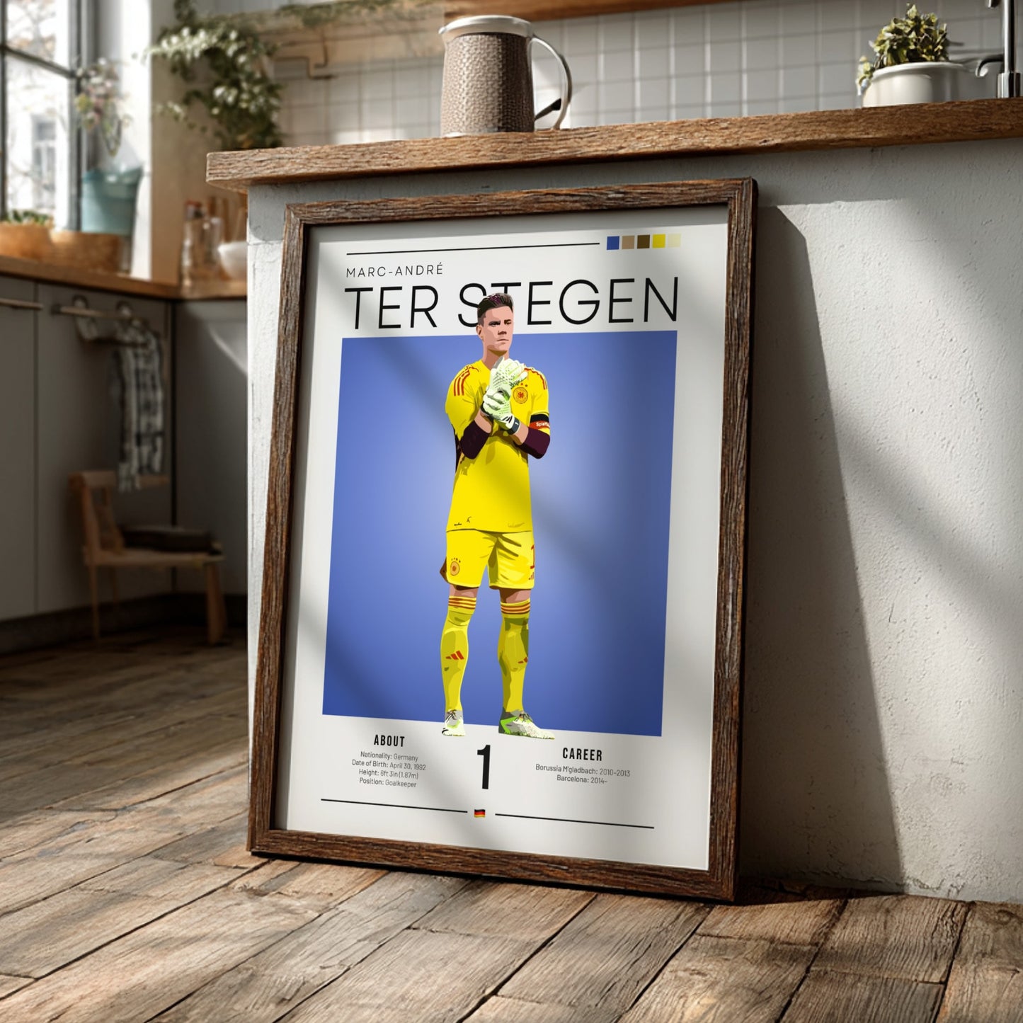 Marc-André Ter Stegen poster featuring vibrant colors and dynamic goalkeeper pose, perfect for sports decor.