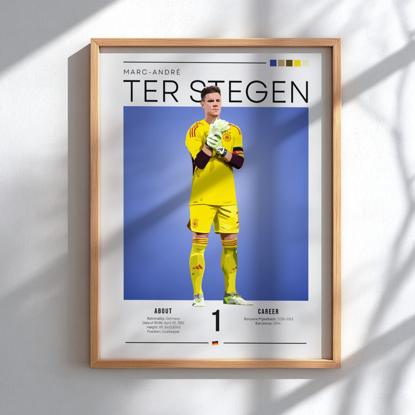 Marc-André Ter Stegen poster featuring vibrant colors and dynamic goalkeeper pose, perfect for sports decor.