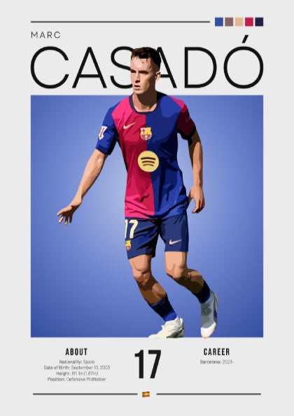 Illustration of Marc Casadó in vibrant colors, sports art print showcasing dynamic movement and modern design.